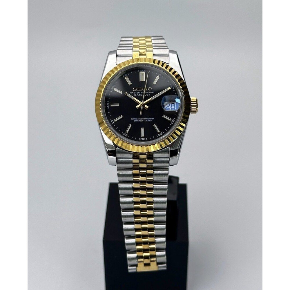 Custom Seiko Mod • 2-Tone Black Datejust on Double Endlink Jubilee w/ Ice blue lume • 36mm